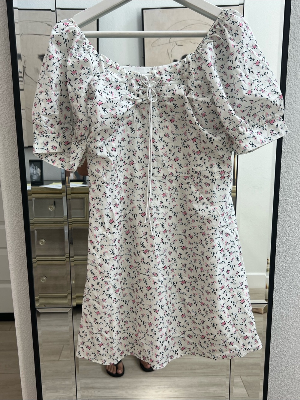 White Floral Puff-Sleeve Mini Dress with Pink & Green Print